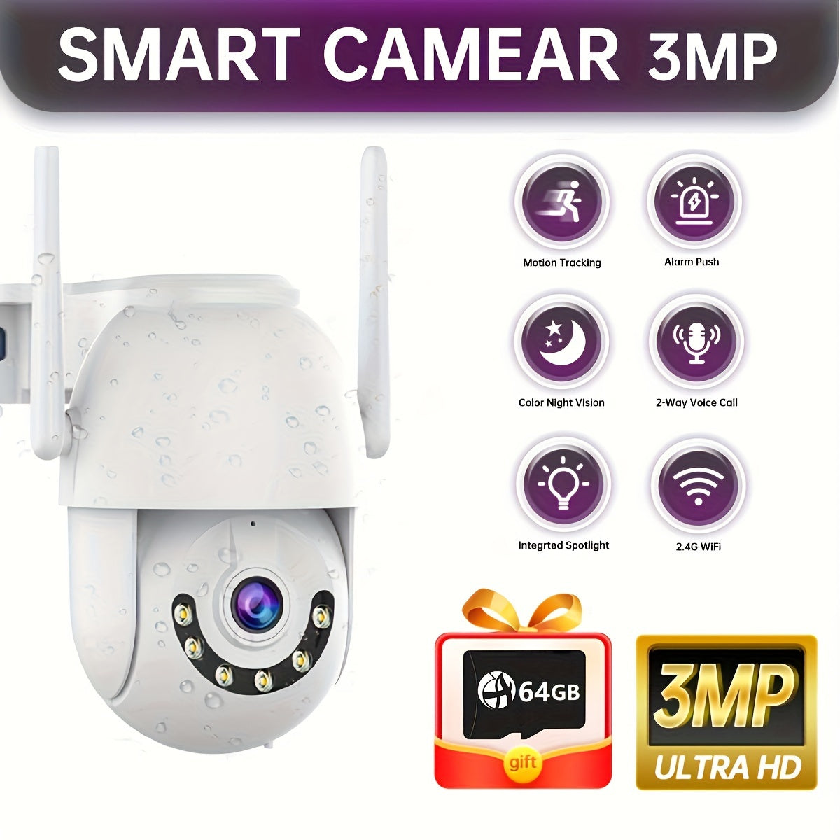 3MP HD PTZ Security Camera with Full-Color Night Vision Human Tracking Motion Detection