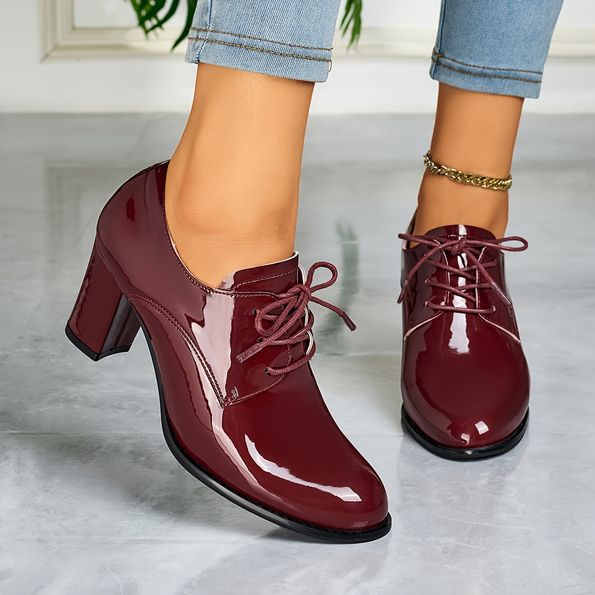 Women's Glossy Oxford Shoes Lace-Up Block Heels Formal Casual Non-Slip Rubber Sole
