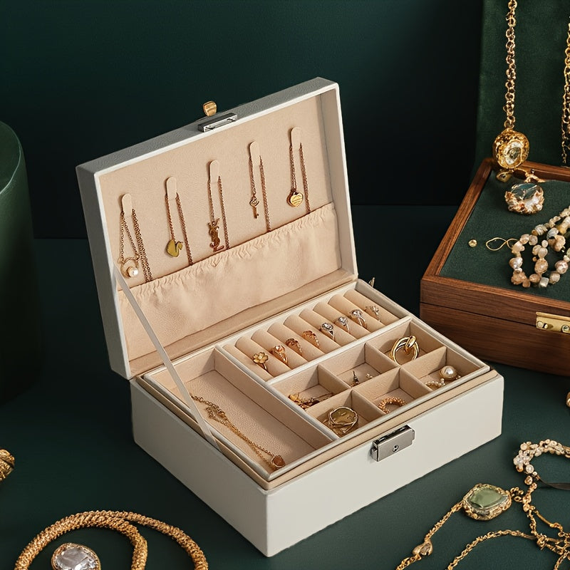 Yolgʻon charm bilan qulflangan ayollar aksessuarlari uchun ikki qavatli tashkilotchi bilan charm o‘ymakorlik qutisi