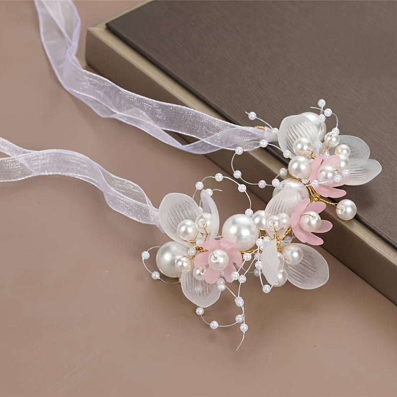 Romantic Bridal Headpiece with Faux Pearls Floral Wreath Ribbon Tie