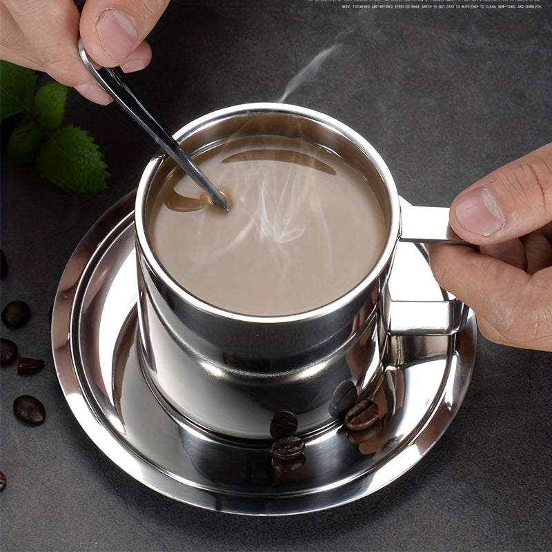 3pcs Stainless Steel European Coffee Cup Set with Spoons & Saucer