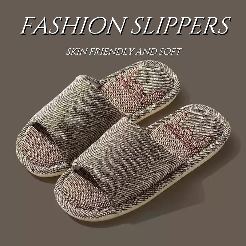Unisex Linen Slip-On Slippers Breathable Non-Slip Indoor House Shoes
