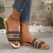 Women's Bohemian Embroidered Flat Sandals Colorful Beaded Strap Casual Shoes