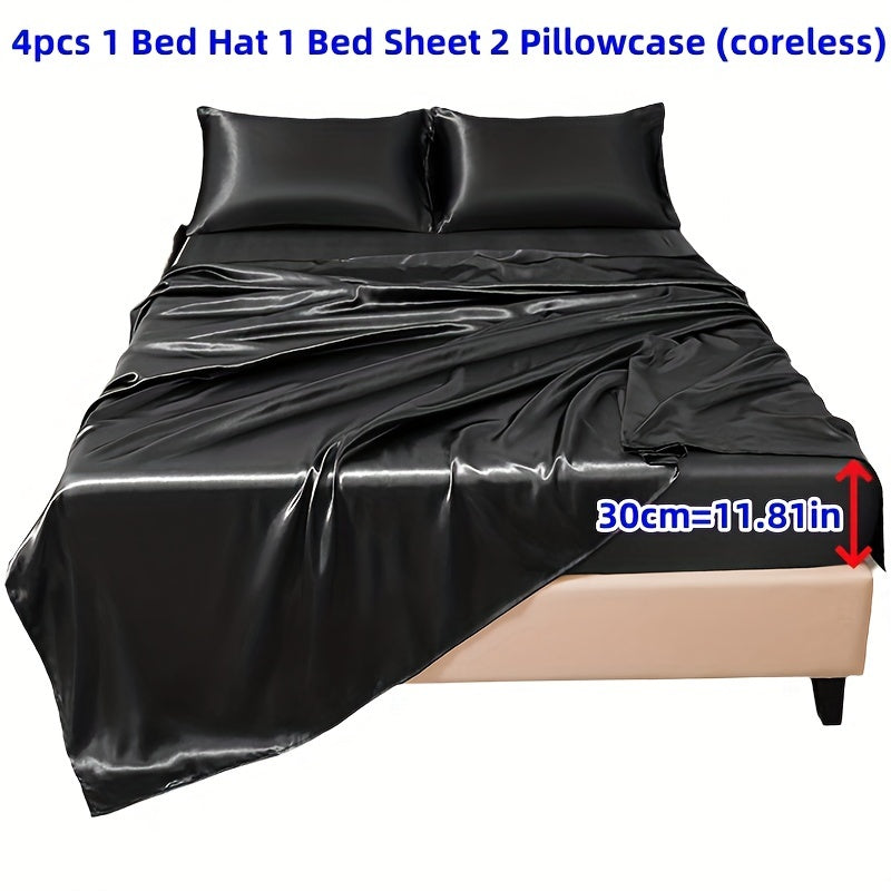 4-Piece Satin Bed Sheet Set with Fitted Sheet Pillowcases Soft Durable Polyester
