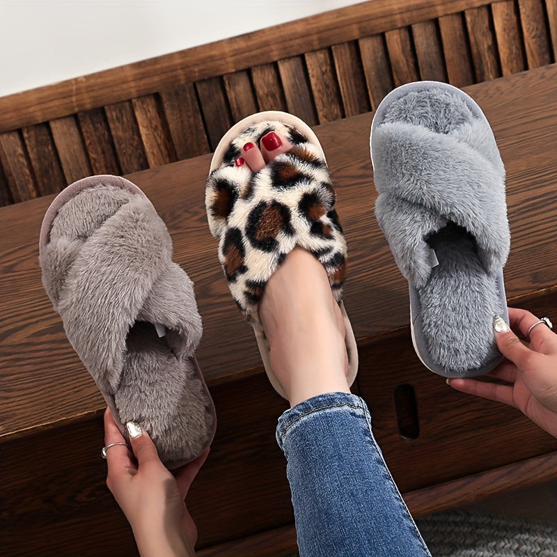 Women's Slip-On Cross Strap House Slippers Plush Furry Lining Flat Shoes
