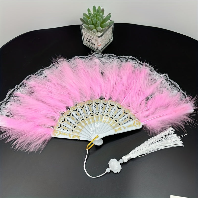 Handcrafted Feather Fan with Lace Edge and Jade Accent for Performances