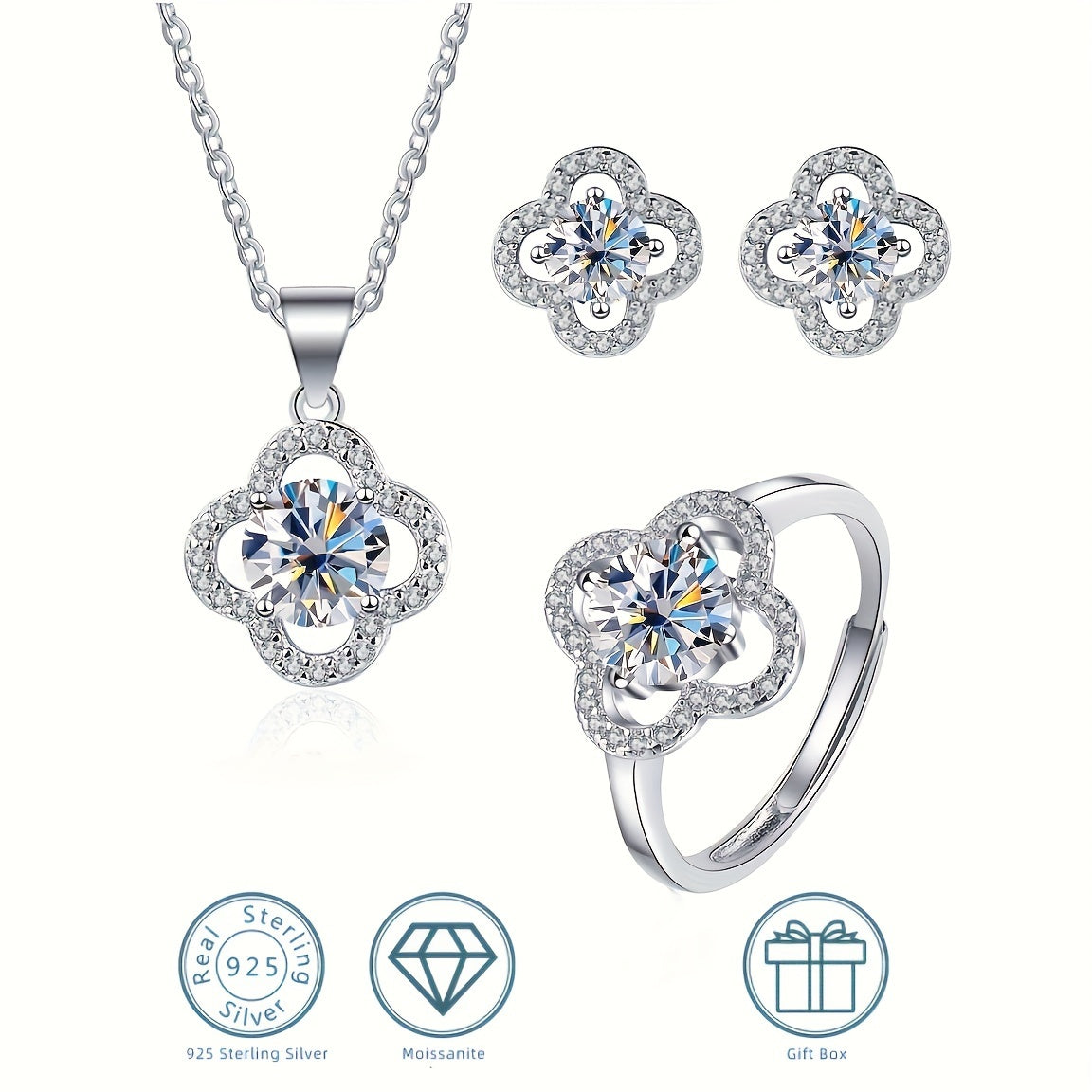Moissanite Jewelry Set 925 Sterling Silver Earrings Necklace Ring Flower Design Gift