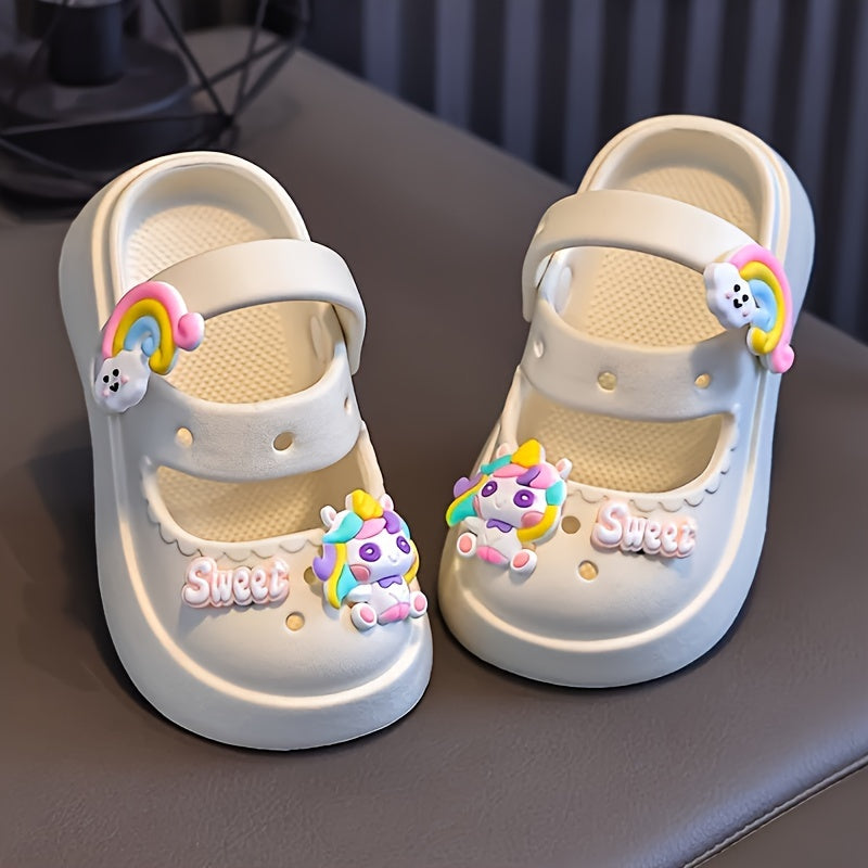 Girls' Cartoon Clogs in Pink and White with Charms for All-Season Indoor Outdoor Use