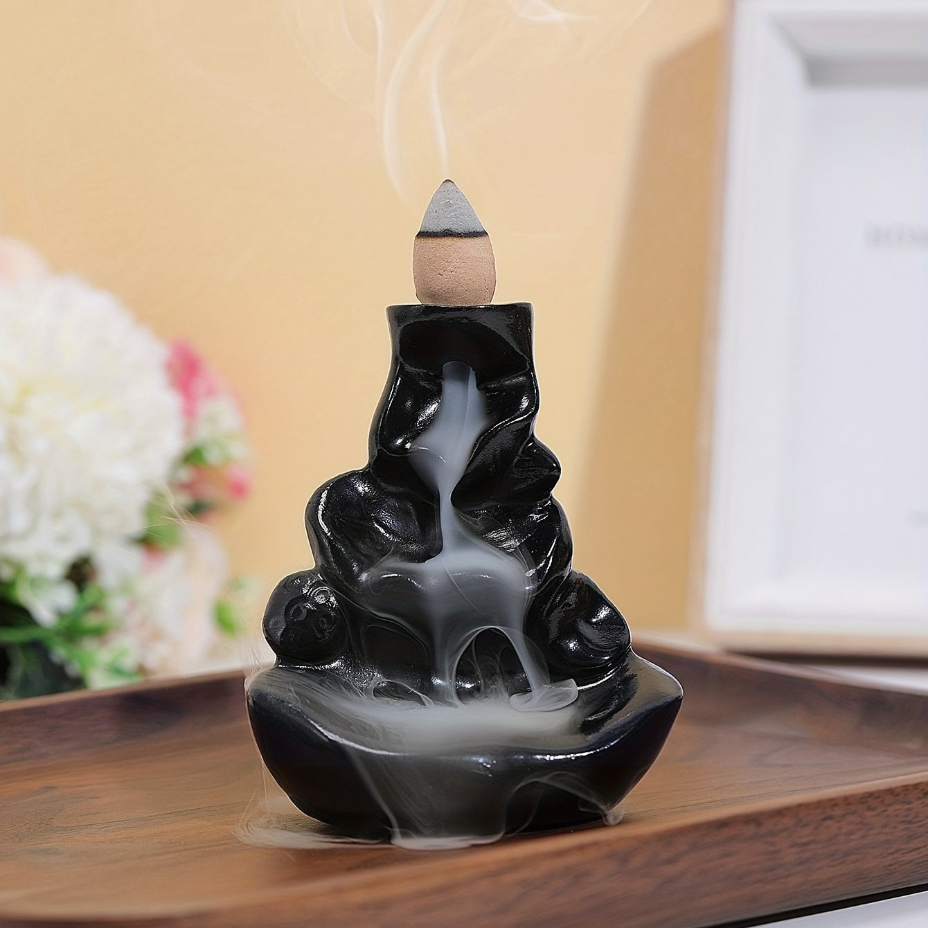 Black Resin Backflow Waterfall Incense Burner with Wooden Sticks for Halloween Decor