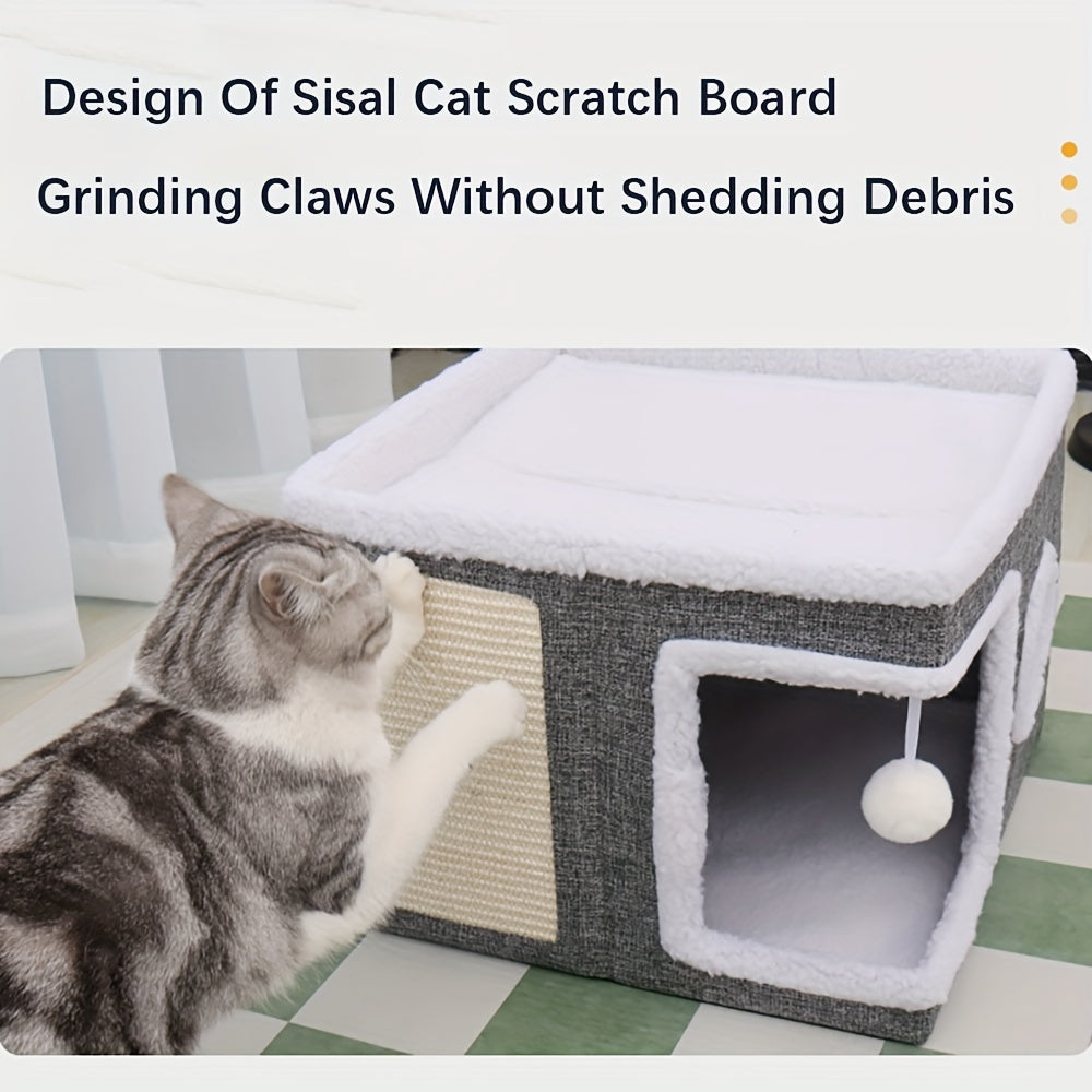 Double-Layered Cat Bed with Sisal Scratching Post Foldable Enclosed Design Large Space All-Season