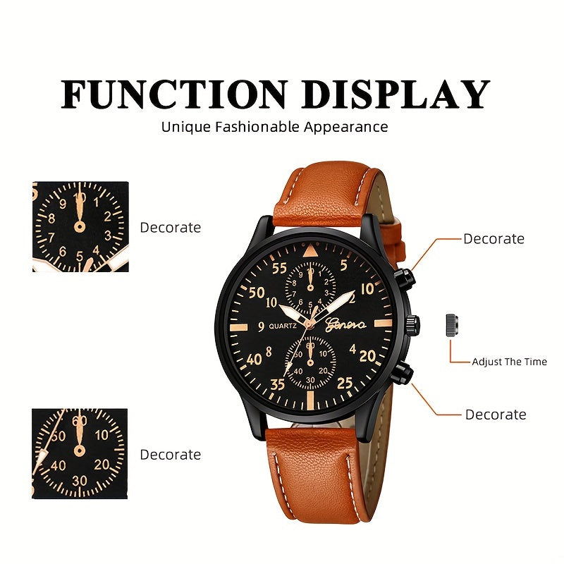 Men's Quartz Watch Set with Beaded Bracelet and Faux Leather Strap Casual Accessories