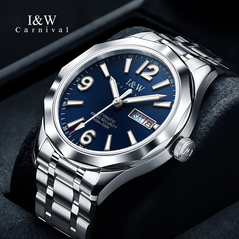 Men's Automatic Mechanical Watch Stainless Steel Waterproof 100M Dual Calendar Luminous