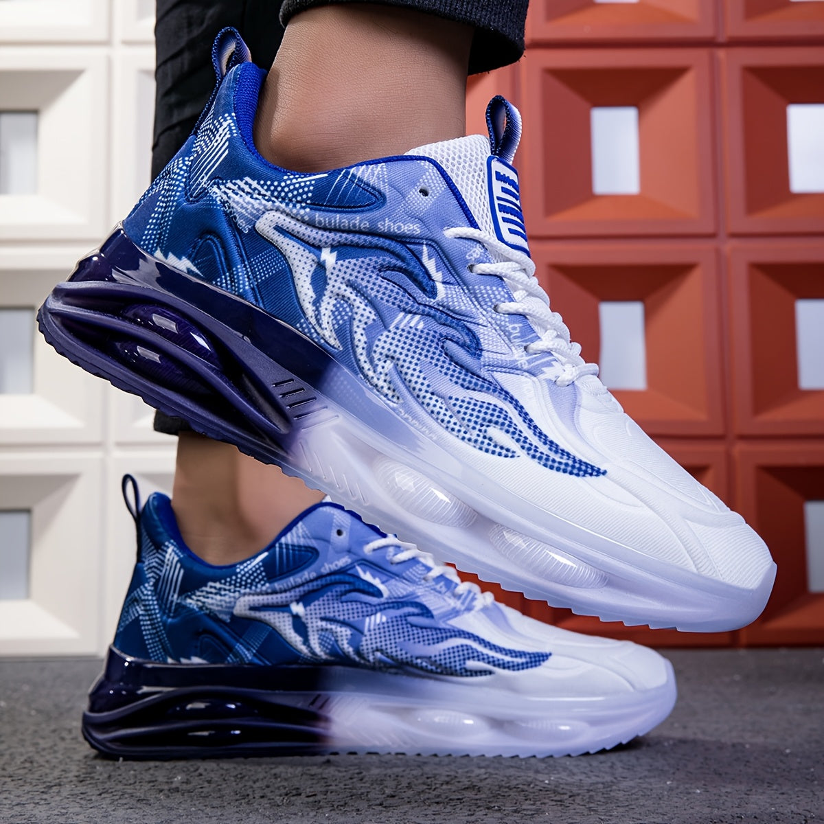 Men's Athletic Sneakers with PVC Sole Breathable Fabric Upper Flame Motif Casual Outdoor