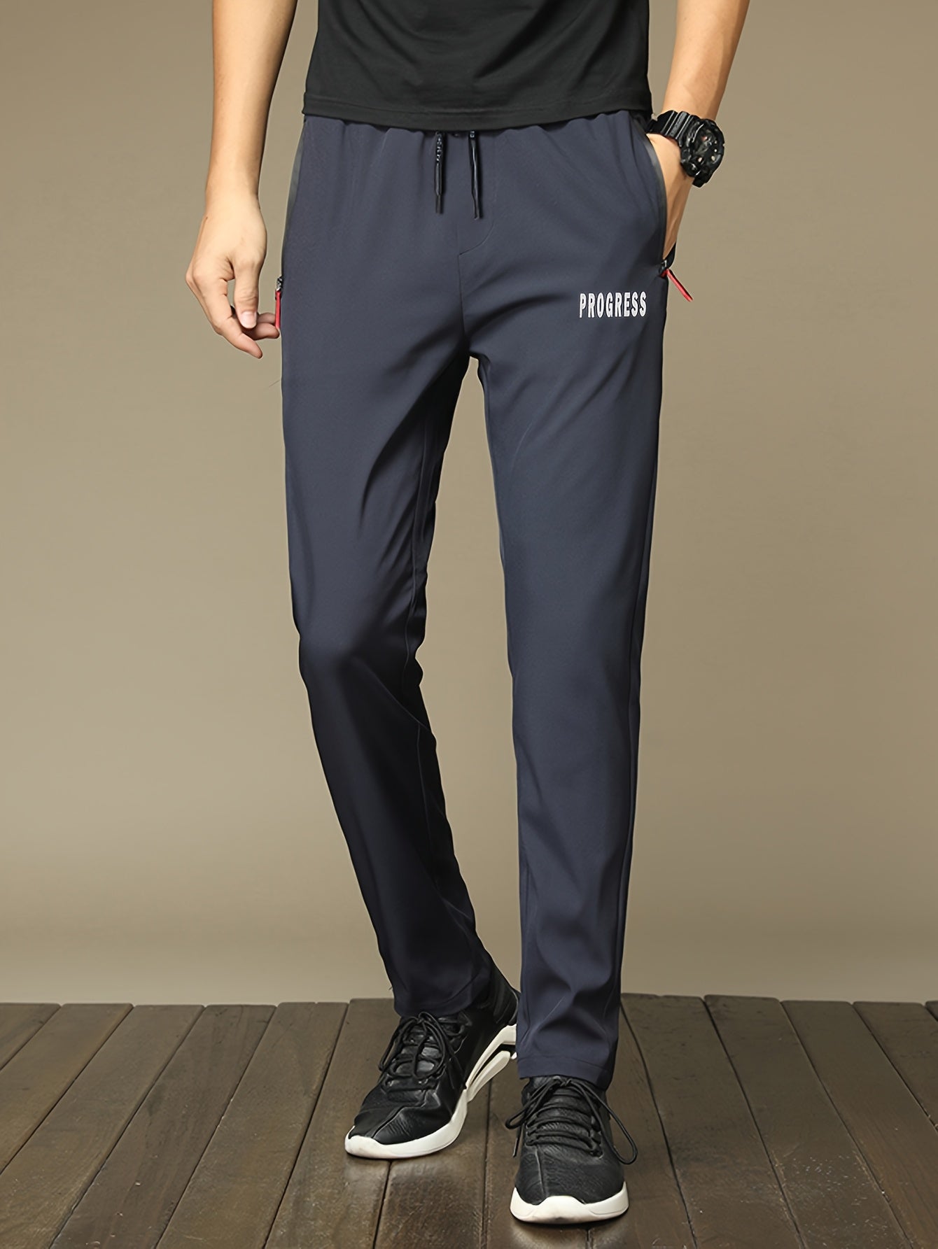 Men's Polyester Casual Joggers with Zipper Pockets Drawstring Waist in Black and Gray