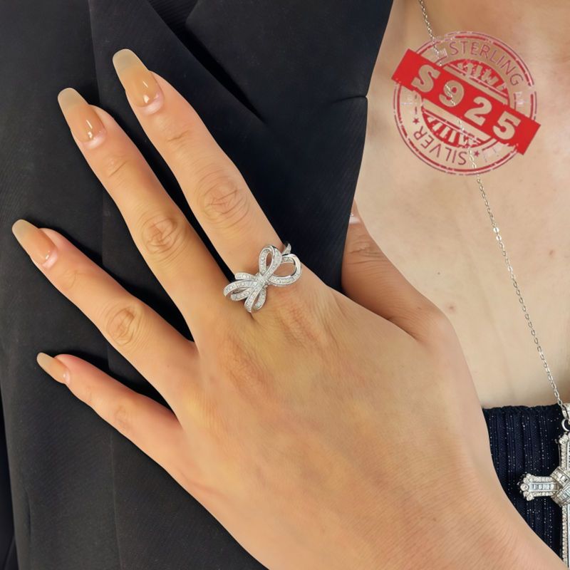 Sterling Silver Ribbon Bow Tie Ring with Zirconia for Birthdays and Weddings
