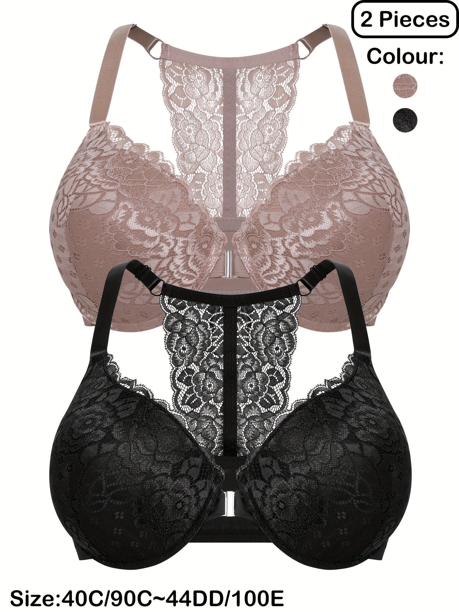 Sujetadores de encaje con cierre frontal para tallas grandes para mujeres con diseño de espalda de corredor, soporte con aros, ligeramente acolchados, encaje floral