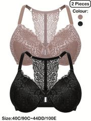 Sujetadores de encaje con cierre frontal para tallas grandes para mujeres con diseño de espalda de corredor, soporte con aros, ligeramente acolchados, encaje floral