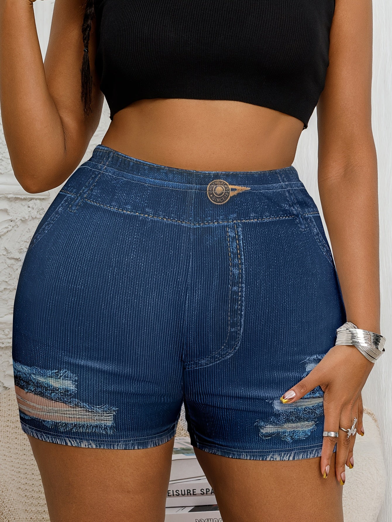 Plus Size Fitted Shorts Imitation Denim Distressed Faux Denim Casual