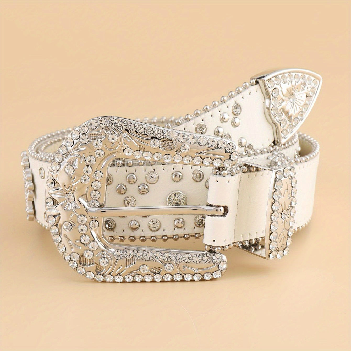 Cinturón unisex de cuero brillante con incrustaciones de rhinestones, hebilla tallada, remaches cruzados y diseño con tachuelas para hip hop, Y2K, vaqueros y pantalones