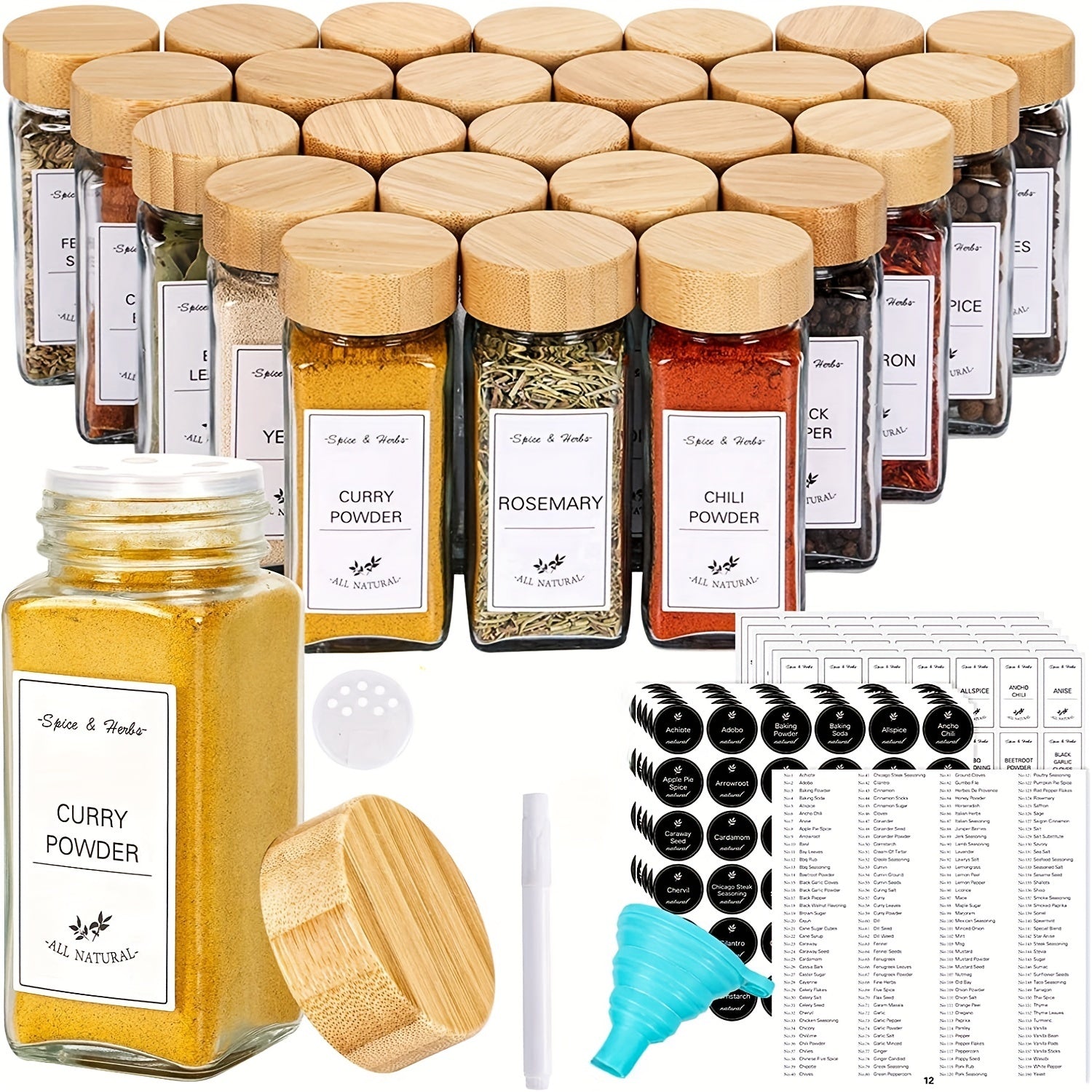 6/12 Glass Spice Jars with Wooden Lids and Aluminum Caps for Kitchen Storage