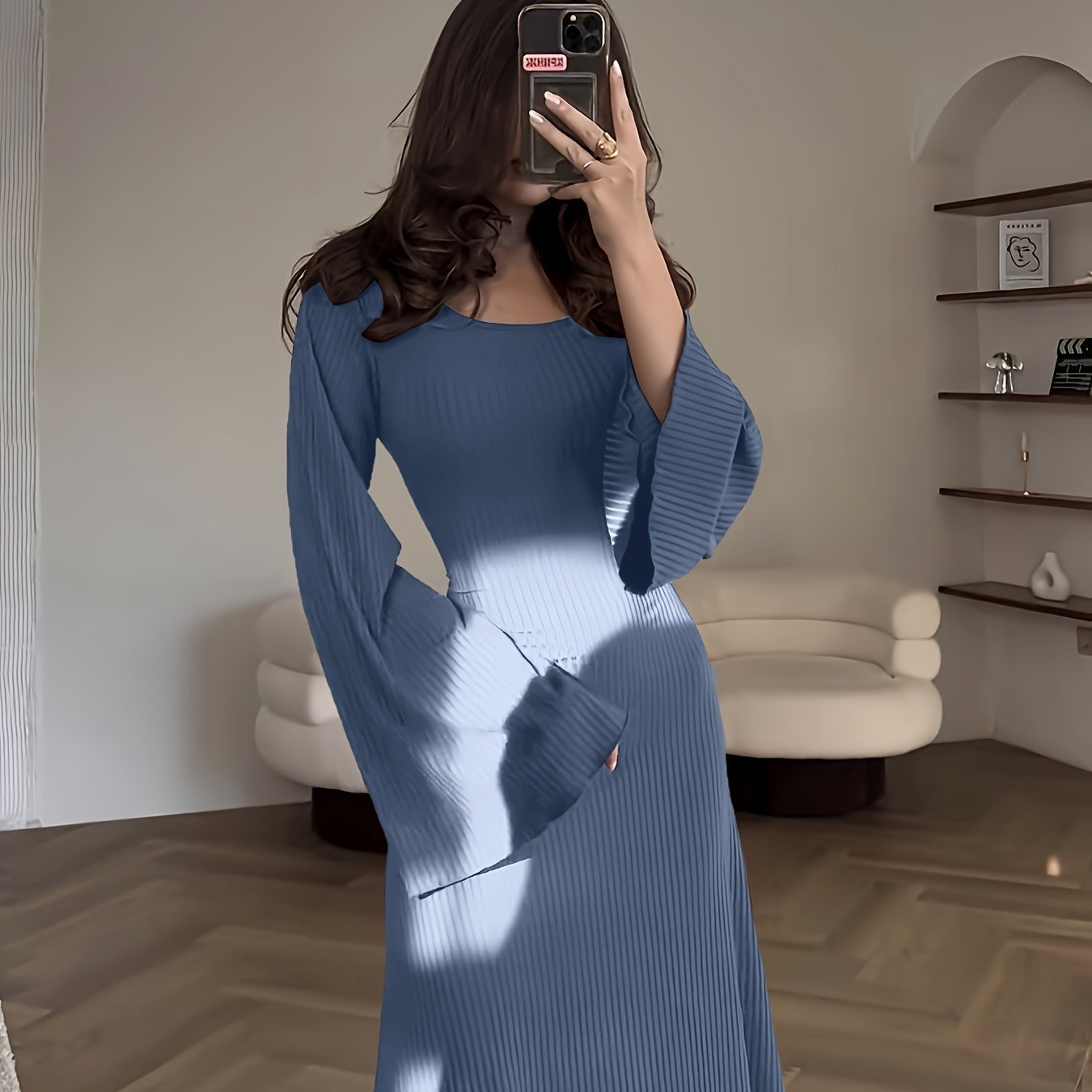 Women's Solid Color Ribbed Knit Dress with Long Bell Sleeves and Back Tie