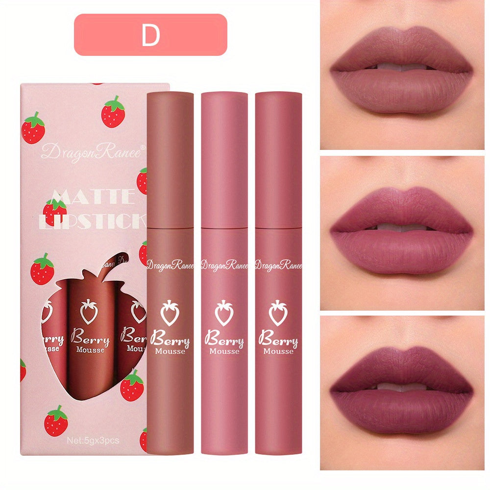 Set de 3 glosses de labios mate de terciopelo para mujer, colores fresa, no pegajoso
