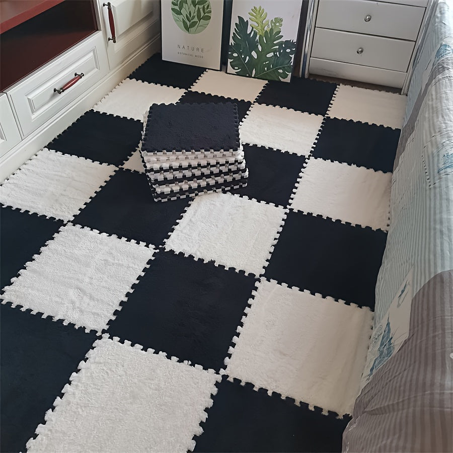Juego de 12 alfombrillas de felpa con patrón de ajedrez en blanco y negro de 29,97x29,97cm para sala de estar y dormitorio