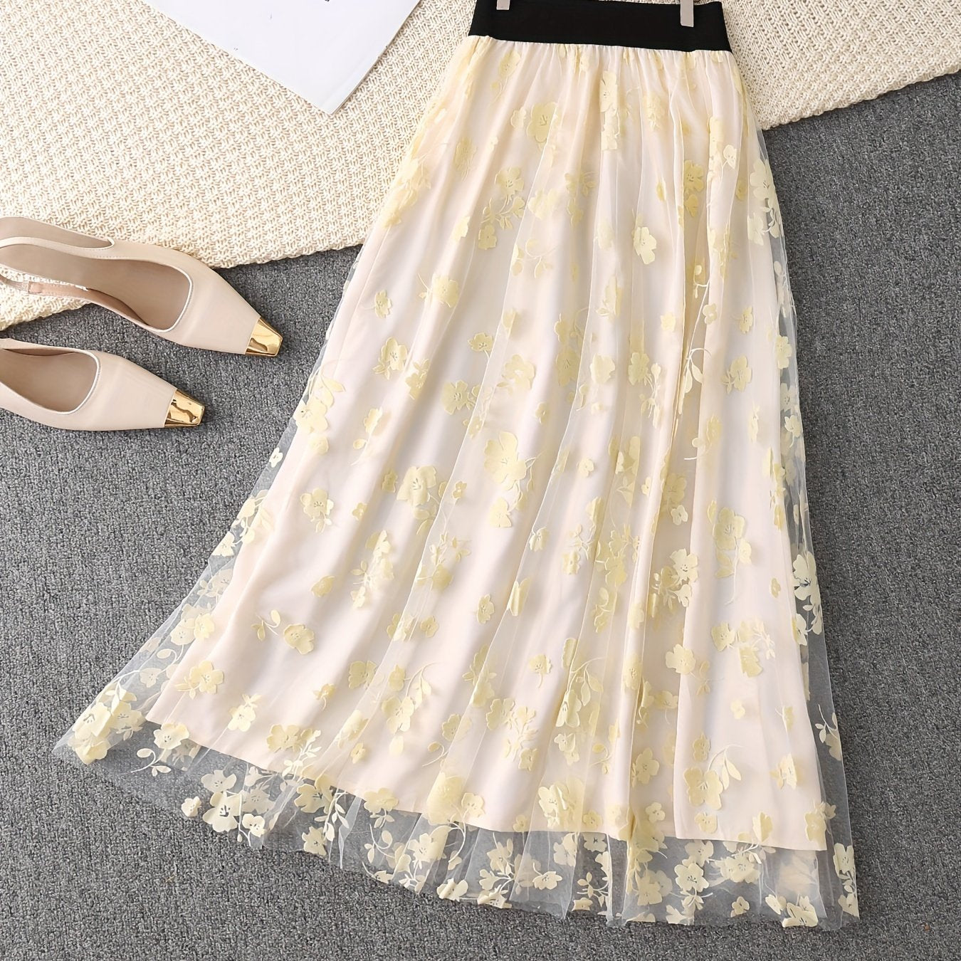 Women's Tulle Skirt with Embroidered Floral Print Regular Length A-Line Casual Style