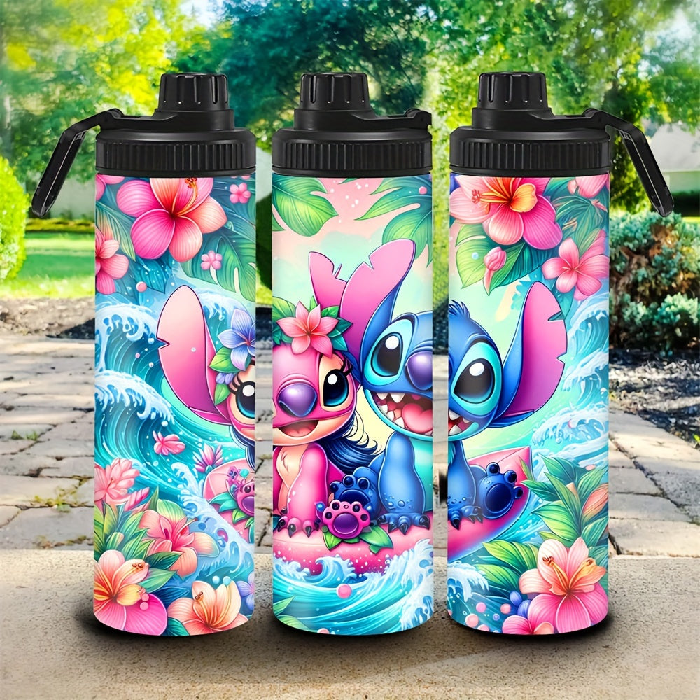 20oz Нержавеющая сталь водяная бутылка с персонажами мультфильмов Stitch и Angel, изолированная для горячих и холодных напитков, для путешествий