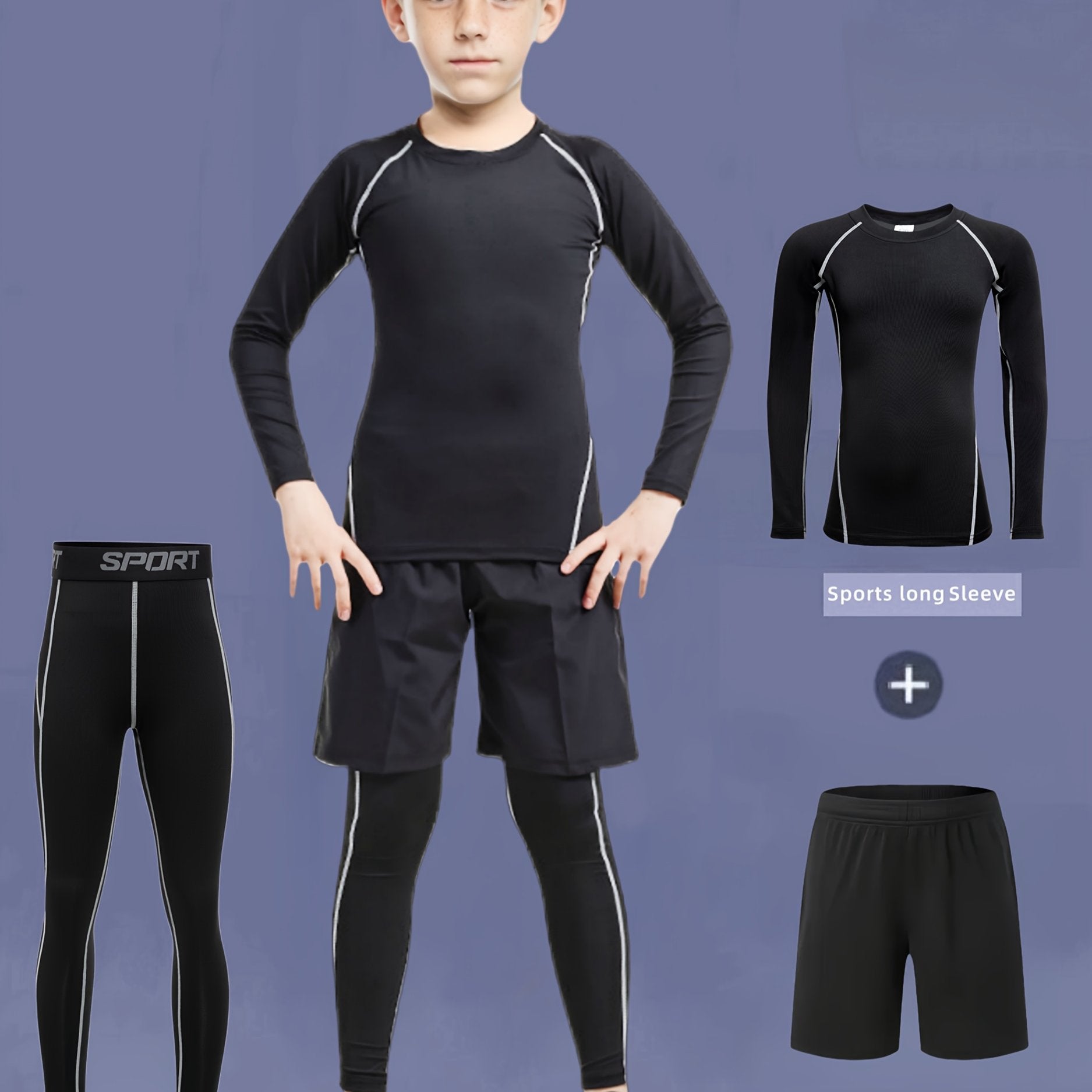 Youth Compression Set for Running Sports Quick-Dry Long Sleeve Top Shorts Leggings