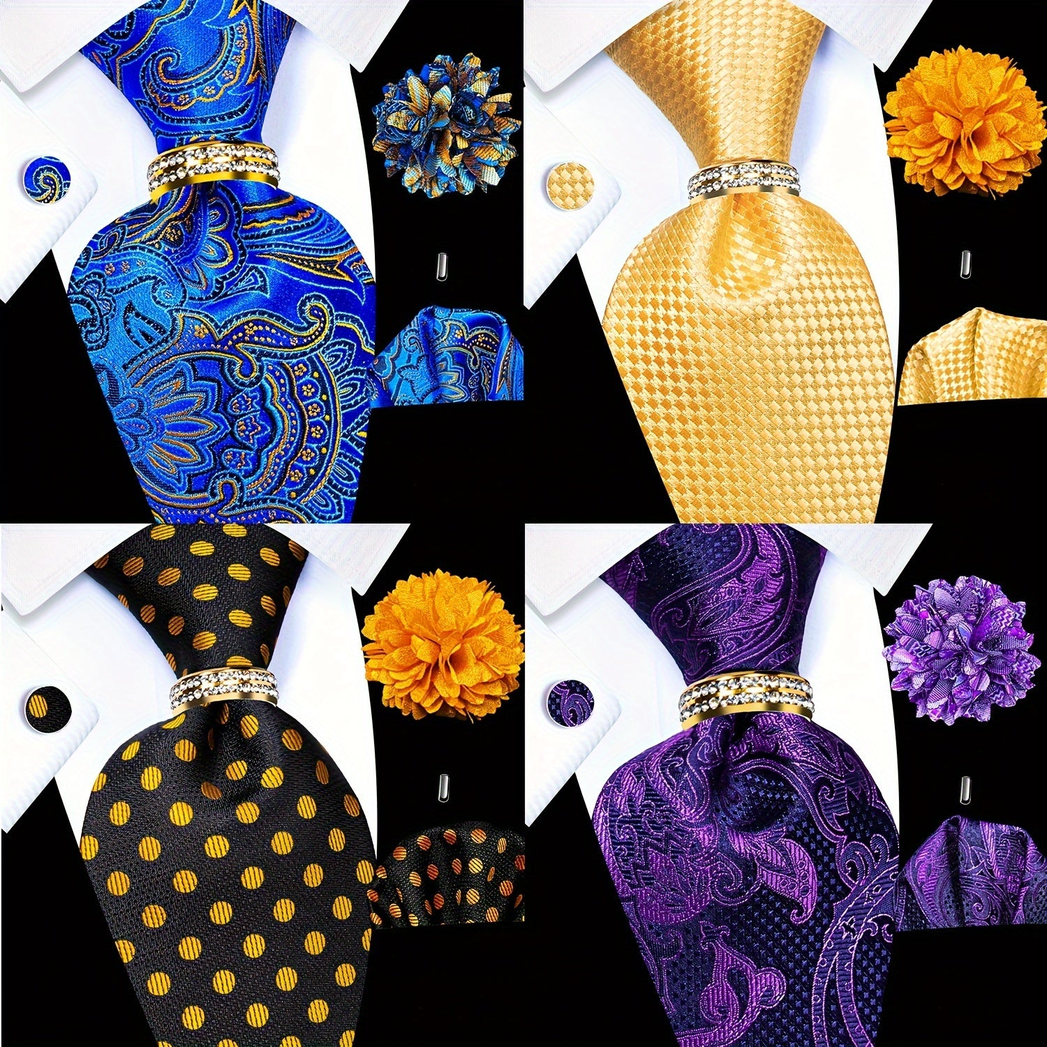 Men's Accessories Set Tie Pocket Square Cufflinks Lapel Pin Tie Ring for Wedding Groom