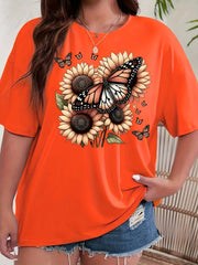 Plus Size Women's Cotton Butterfly Sunflower Print T-Shirt Casual Short Sleeve Top