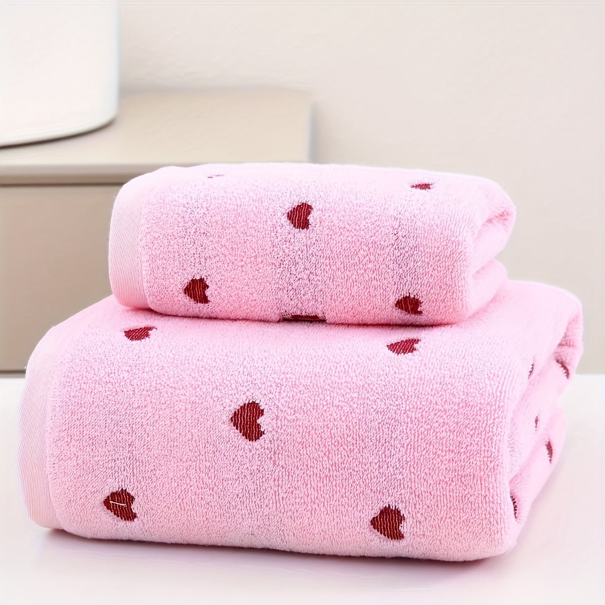 100% Cotton Heart Pattern Towel Set 2 Pieces Bath and Hand Towels