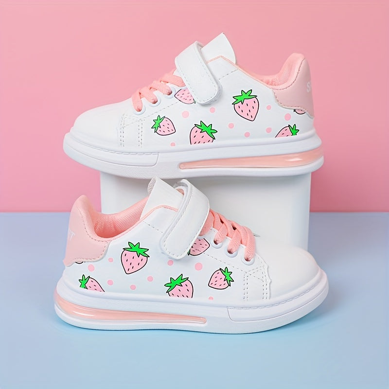 Girls Low Top Sneakers with Strawberry Cartoon Pattern All-Season Non-Slip Skateboard Shoes