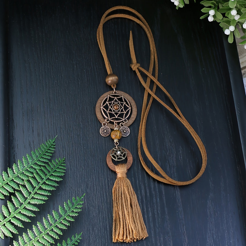 Women's Boho Pendant Necklace with Dark Brown Wooden Tassel and Zinc Alloy Material