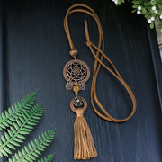 Women's Boho Pendant Necklace with Dark Brown Wooden Tassel and Zinc Alloy Material