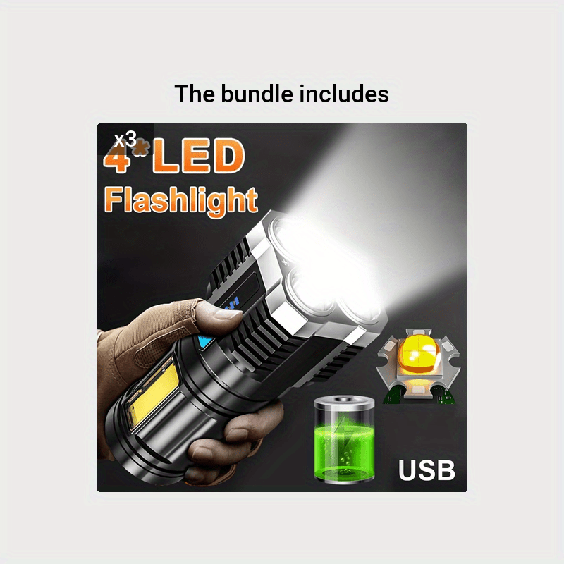 USB Rechargeable LED Flashlight with COB Side Light 4 Modes Durable ABS for Camping and Home