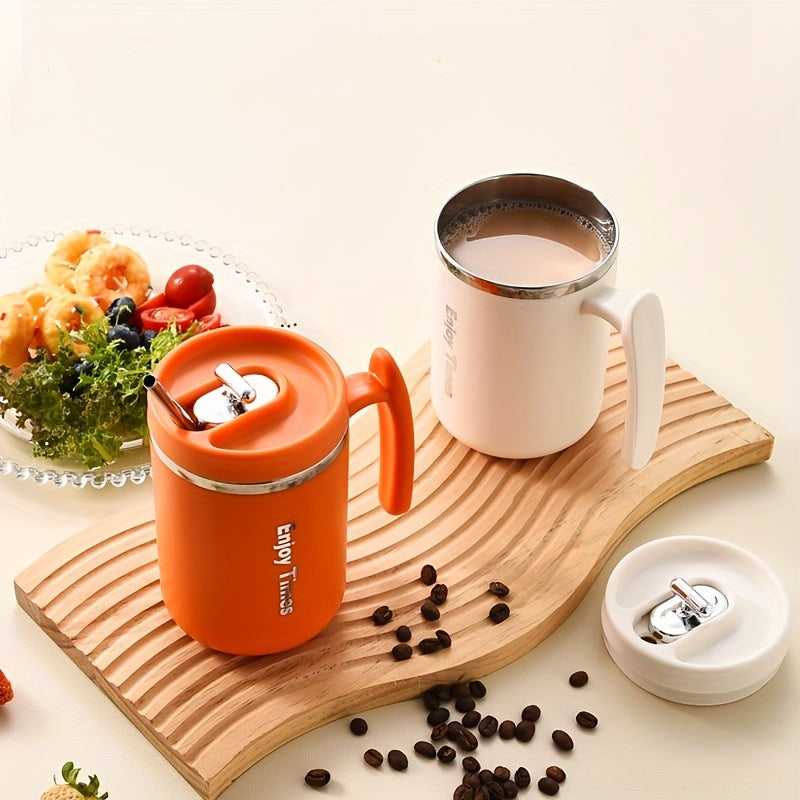 Taza de café de acero inoxidable con asa de pajilla para oficina acampada en naranja azul claro crema