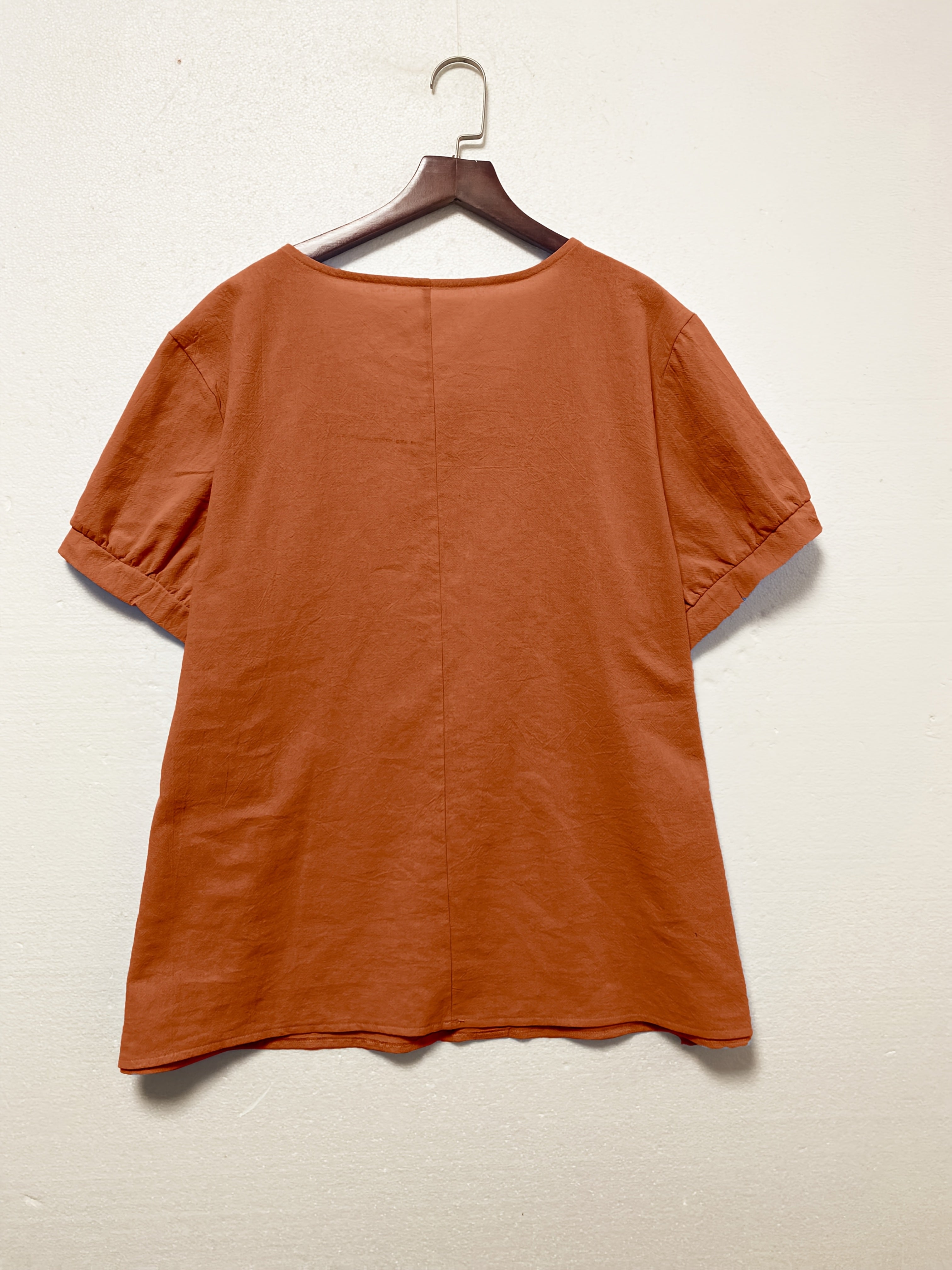 Plus Size Women's Casual Shirt Loose Fit Orange Button-Up Short Sleeve Blouse