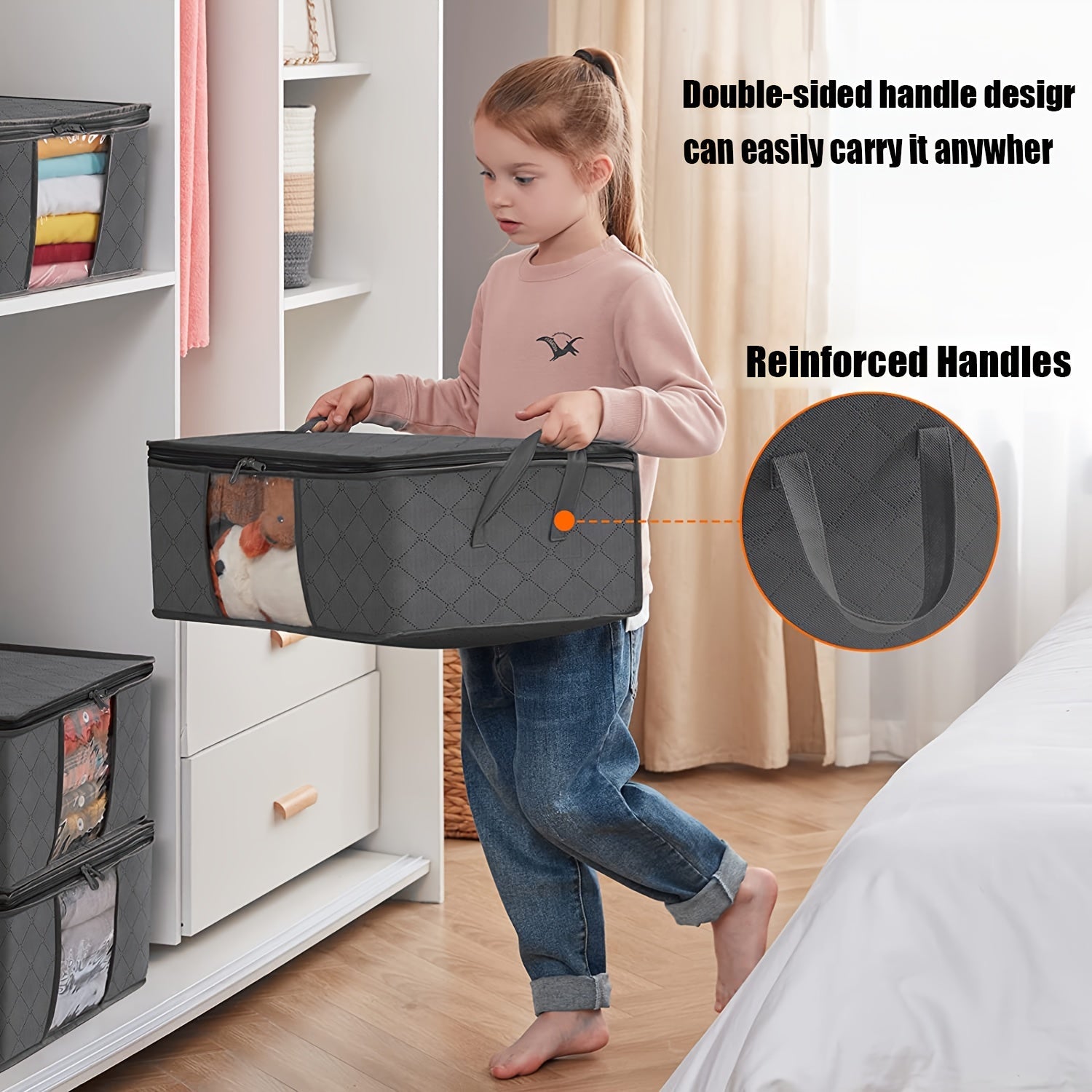 3 ta qora mato saqlash sumkasi to'plami, ochiq oynali, 35L yig'iladigan kiyimlar tashkilotchilari, yotadigan joy osti shkaflar uchun, yotoqxona