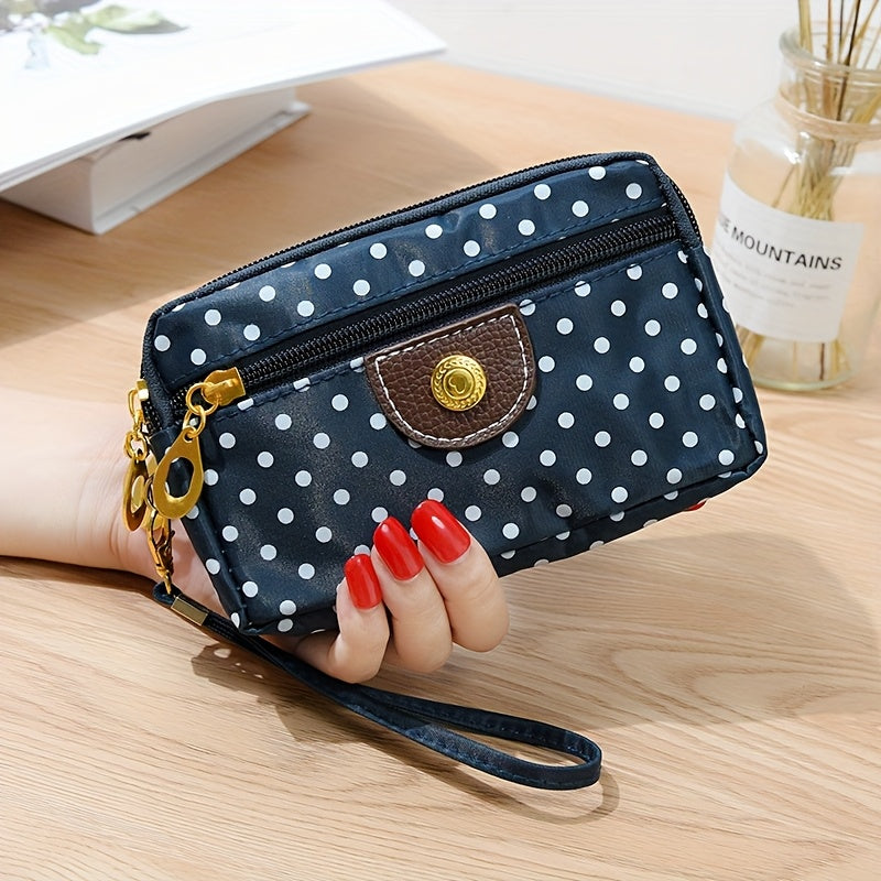 Women's Nylon Clutch Wallet with Polka Dot Pattern, Zipper Pockets, Mixed Colors