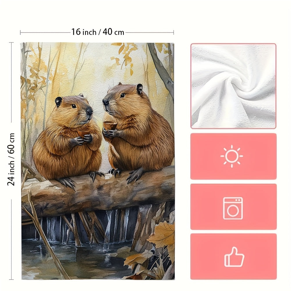 Set of 2 Ultra Soft Kitchen Towels Watercolor Beaver Design 40x60 cm