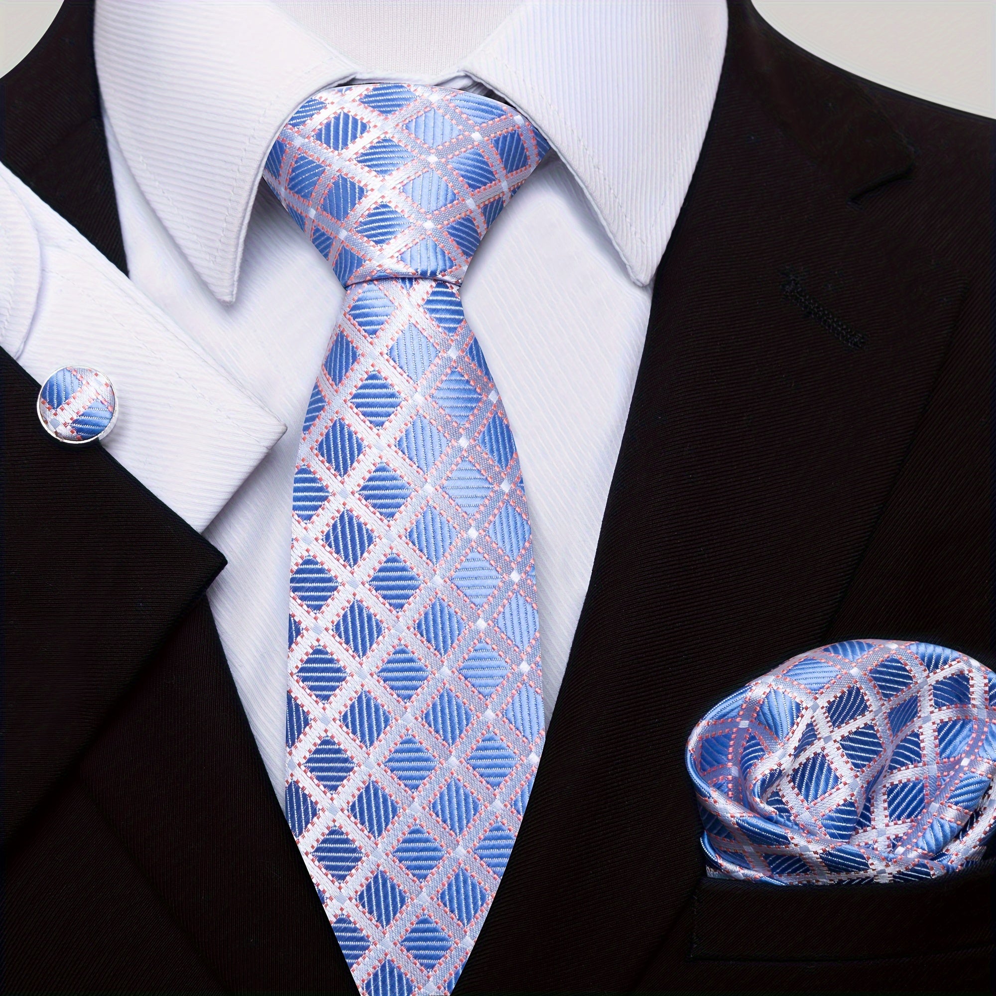 Men's Tie, Handkerchief, and Cufflinks Set for Wedding, Party, Business