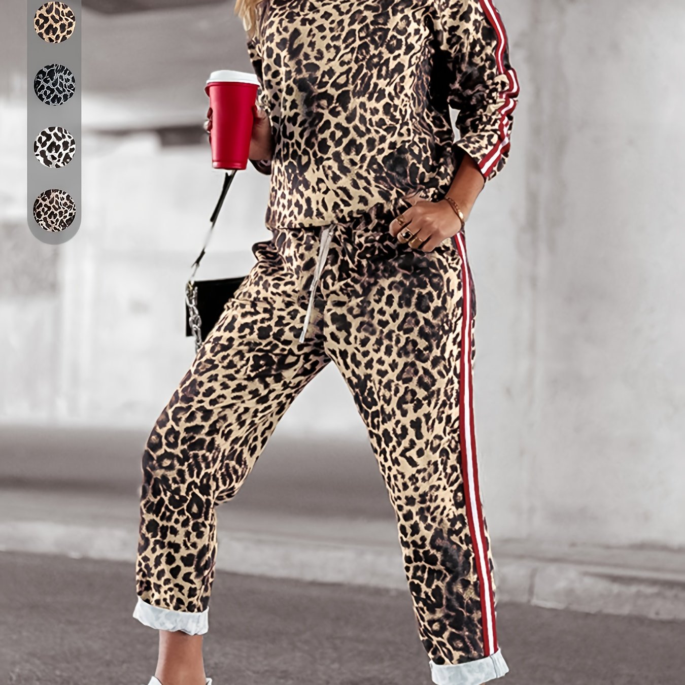 Women's Long Sleeve Leopard Print Two-Piece Set with Pockets for Spring and Fall