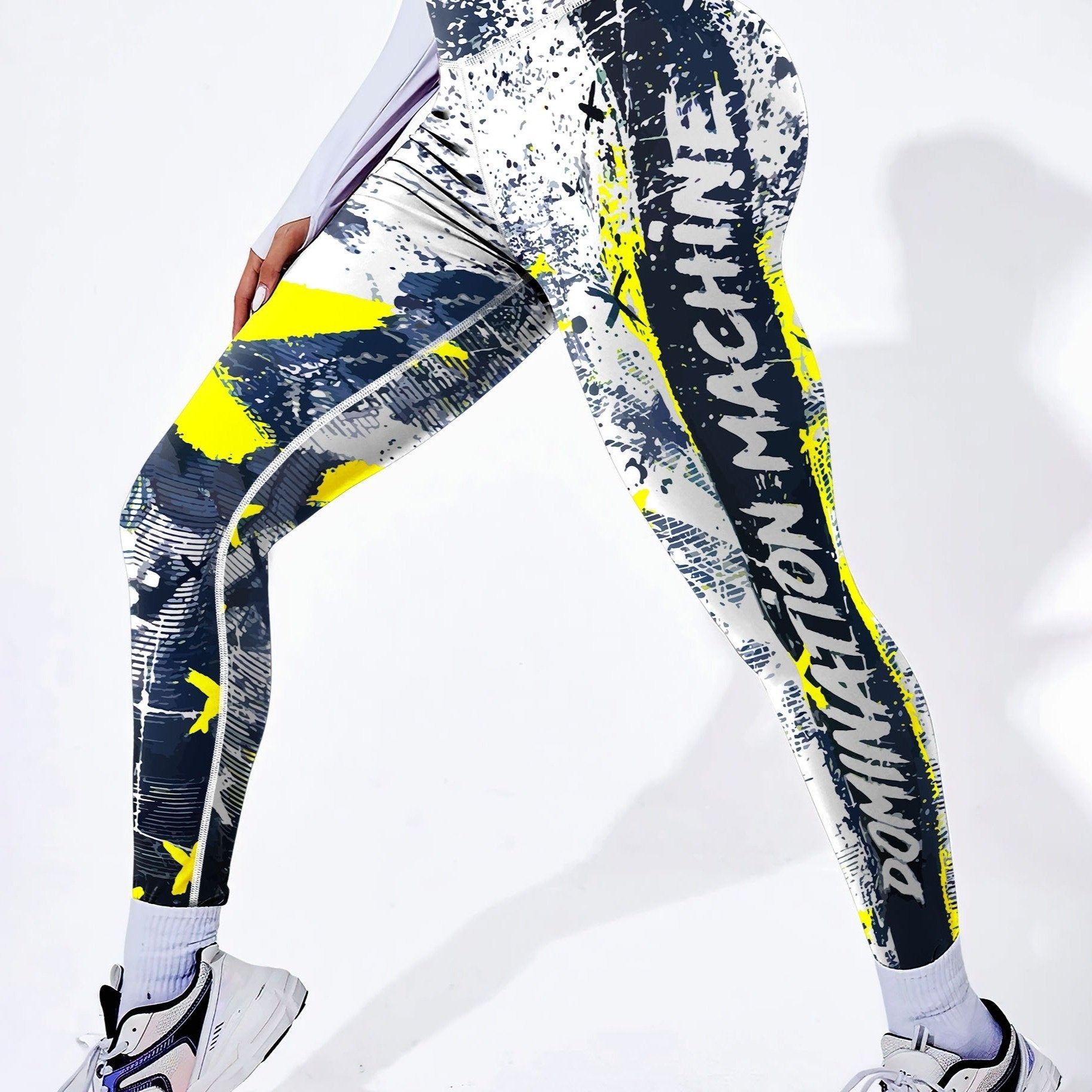 Women's High Waist Leggings with Color Block Graffiti Print Tummy Control Butt Lift for Running and Activewear