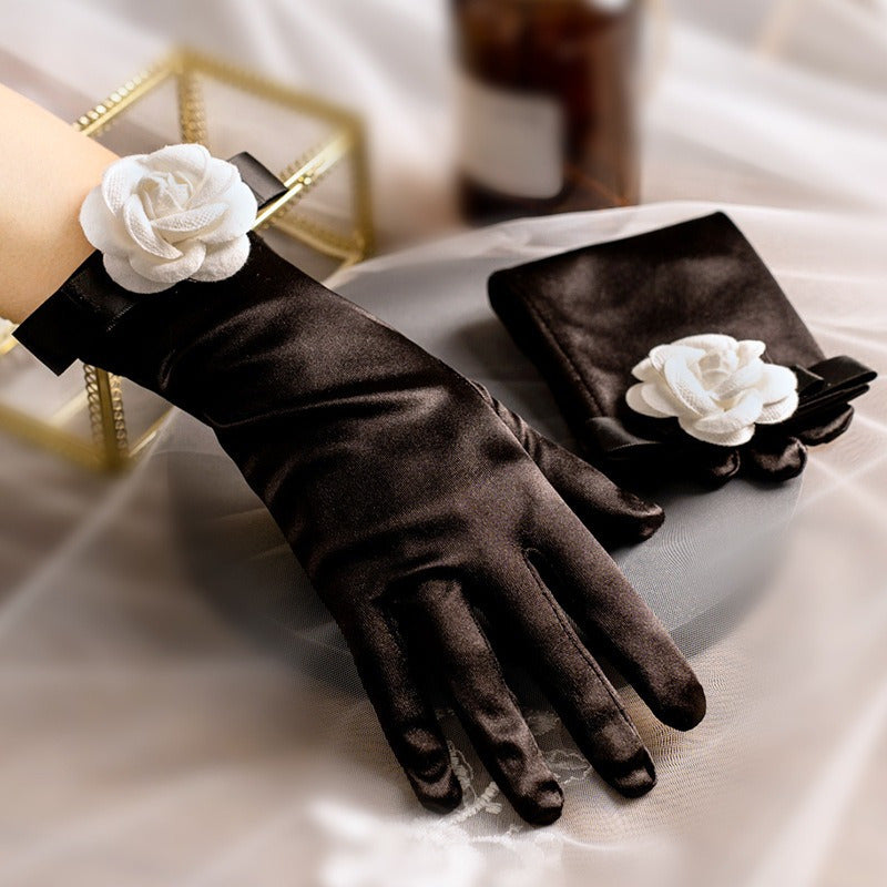 Black Evening Gloves for Women with Floral Cuff Polyester Spandex Blend Elegant Handwear