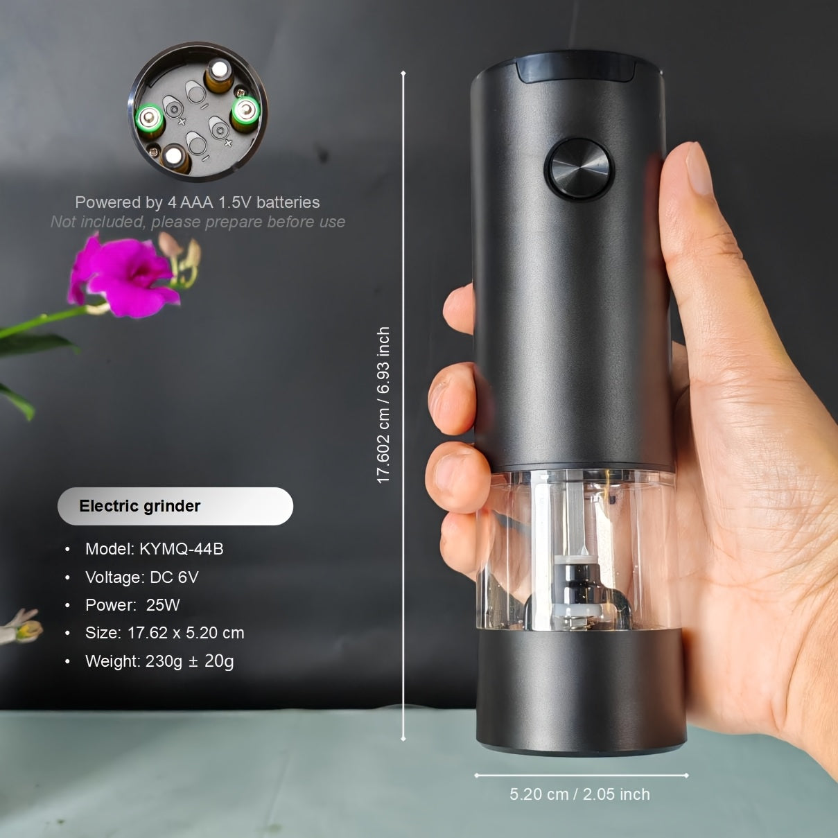 Batareya bilan ishlaydigan ziravorlarni maydalash uchun maydalagich, sozlanadigan qattiqlik, shaffof konteyner, bitta bosish bilan maydalash