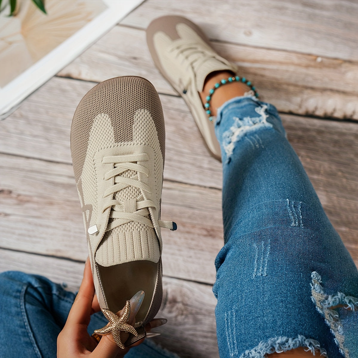 Women's Casual Slip-On Flats Knit Fabric with PVC Outsole Black Beige