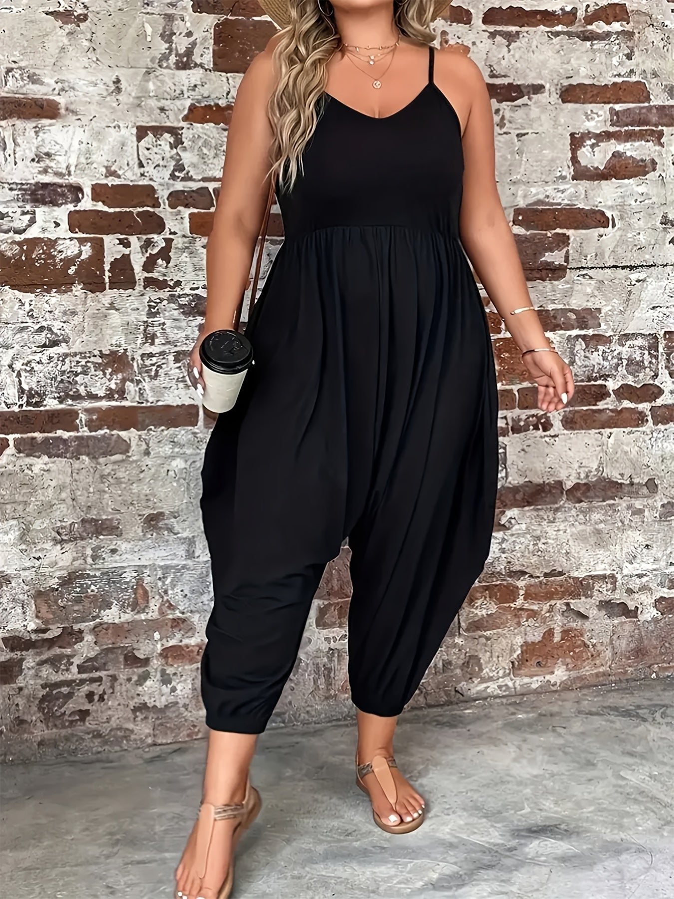 Plus Size Women's Sleeveless Jumpsuit V-Neck Wide Leg Solid Casual Summer