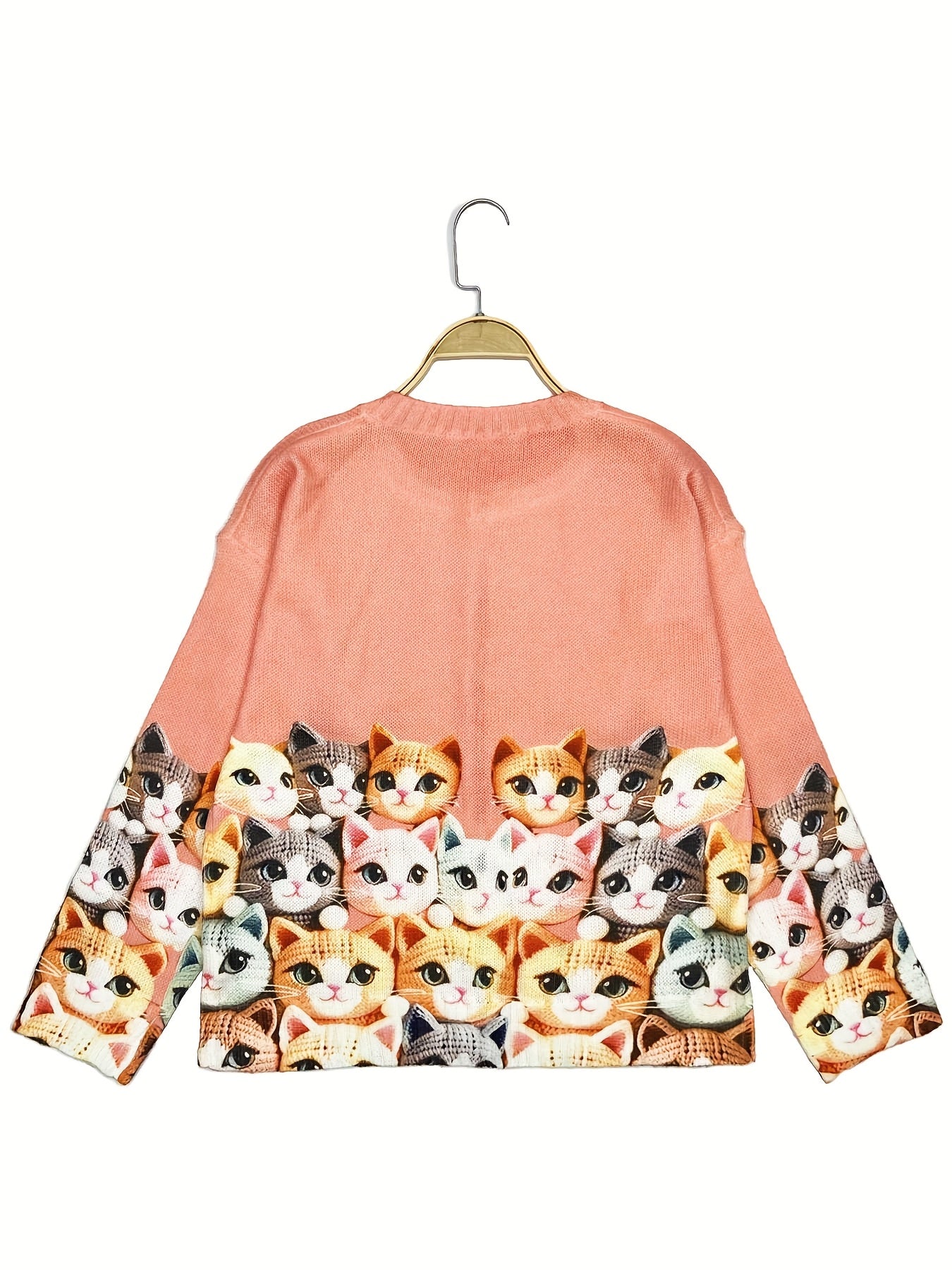 Plus Size Women's Lightweight Cat Print Cardigan Long Sleeve Pink Casual Fall Jacket